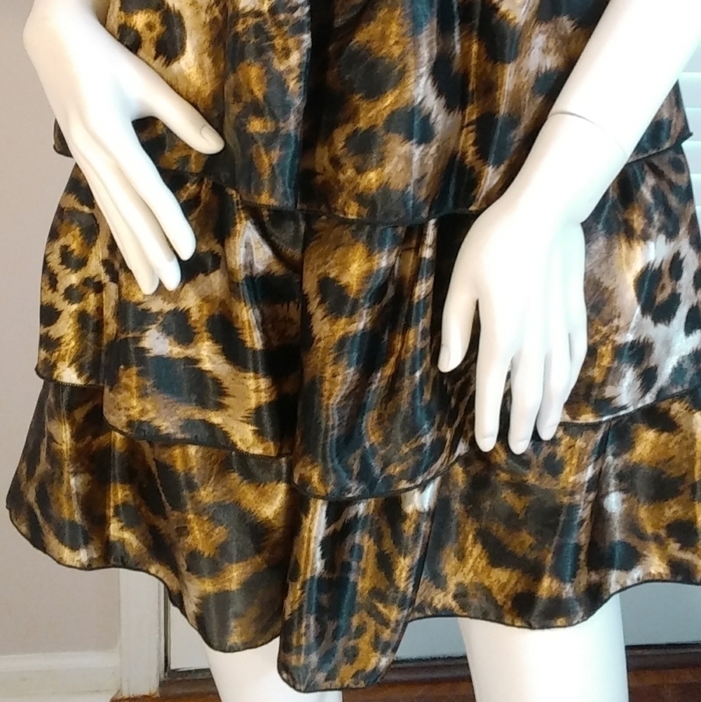 Dots Black Tan Animal Print Halter Baby Doll Tier Layer Ruffle Mini Dress Size - Picture 6 of 9